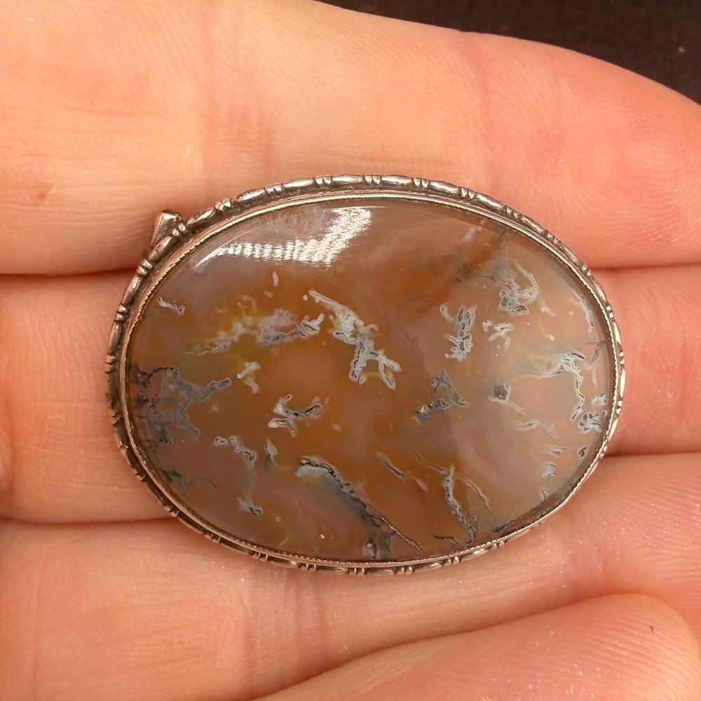 Vintage Estate Brooch Silver Tone Polished Stone Oval Nature Western